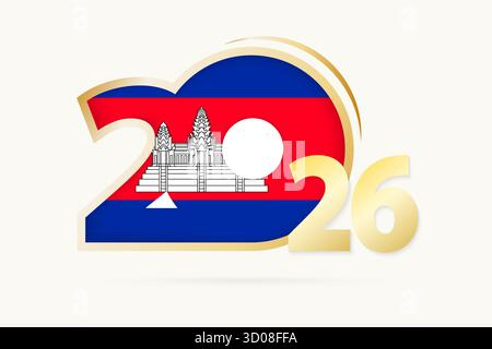 Year 2026 with Cambodia Flag pattern. Vector Illustration. Stock Vector