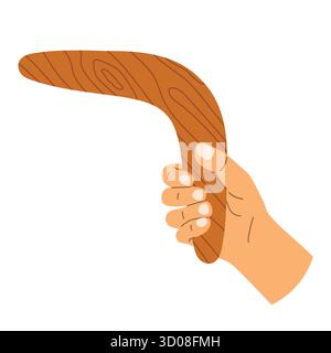 hand holding boomerang; symbolize play, sports, outdoor activities, precision, skill, strategy, or the concept of return and cycles- vector illustrati Stock Vector