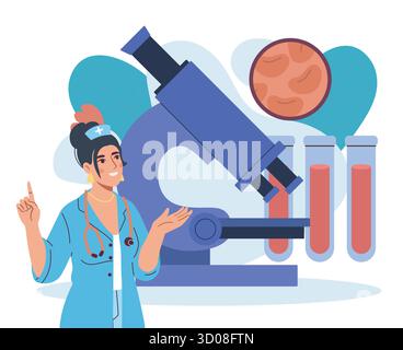 Nurse with microscope and test tubes. Vector illustration Stock Vector