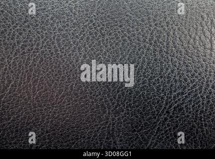 Leather texture presents tactile backdrop. Black smooth surface with wrinkled grain pattern shows genuine animal skin effect, durable luxury material Stock Photo