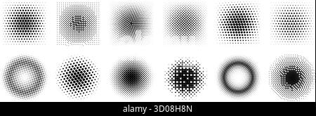 Halftone radial gradient collection. Dotted textured round and square patterns. Cartoon faded background set. Pixelated bitmap element pack for frame, poster, collage, banner. Vector comic bundle Stock Vector