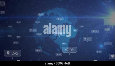 Displaying central 3D dotted globe in virtual network dashboard, showing social media icon bubbles Stock Photo