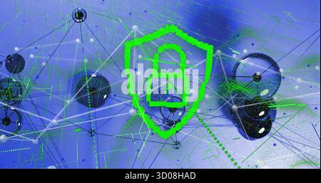 Displaying security illustration in virtual network, with green shield padlock protecting data flow Stock Photo