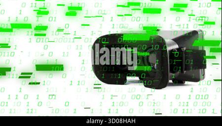 Showcasing black surveillance camera tracking green binary code on white wall, with cyber risk Stock Photo