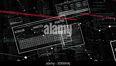 Displaying data panel featuring numeric codes in digital grid, with network graph and red stripe Stock Photo