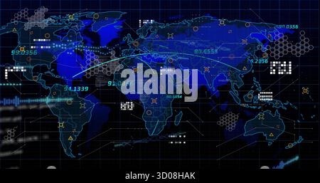 Displaying world map on command center dashboard, with hex grid, curved data lines, numeric labels Stock Photo