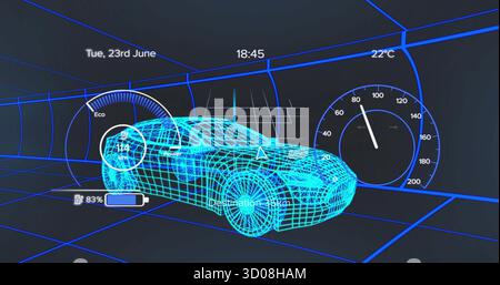 Displaying wireframe sedan model within virtual tunnel, with eco gauge and battery indicator Stock Photo
