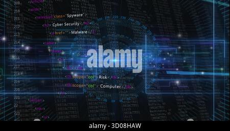 Glowing node sending radial beam across code streams in cyberspace, with spyware malware tags Stock Photo