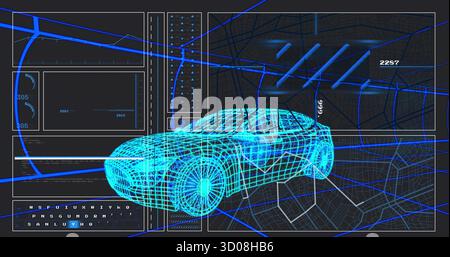 Floating 3D wireframe car model hovering in virtual interface, with numeric displays and hex grid Stock Photo