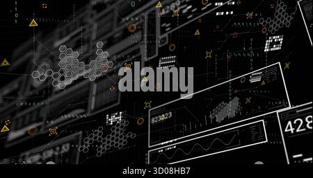 Displaying digital UI in cyberspace, featuring hexagon clusters, warning triangles, binary streams Stock Photo