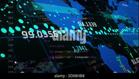 Displaying global map showing data in dashboard interface with numeric cyan overlays, HTML snippets Stock Photo
