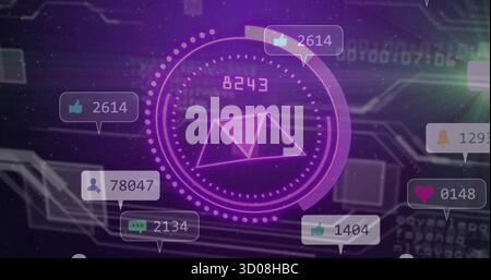 Displaying circular interface with triangular core showing 8243 and notifications on gradient field Stock Photo