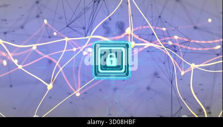Floating square chip showcasing glowing padlock icon within mesh network, nodes and data streams Stock Photo