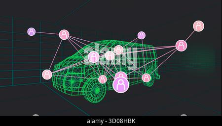 Displaying neon green wireframe minivan model in 3D grid space, showing pink user node network Stock Photo