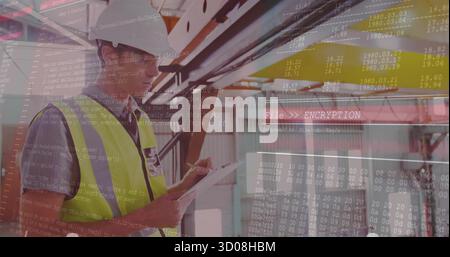 Engineer wearing helmet and vest inspecting beams on work platform, with clipboard and code overlay Stock Photo