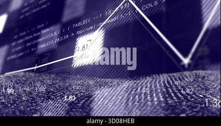 Displaying white zigzag graph highlighting data point on dashboard with code snippets, copy space Stock Photo