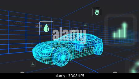 Floating glowing cyan 3D wireframe sedan model in black grid space, with digital metrics Stock Photo
