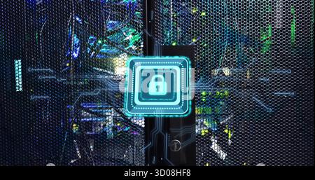 Displaying padlock overlay securing rack door in server room, with cables, circuit lines and LEDs Stock Photo