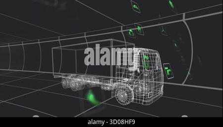 Displaying wireframe semi-truck model traveling through grid tunnel, with floating green UI icons Stock Photo