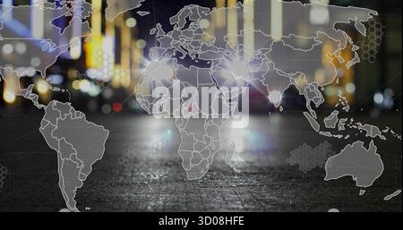 Overlaying transparent world map on wet city road at night, showing blurred lights and hex pattern Stock Photo