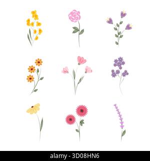 Nine different types of flowers are displayed, each illustrated in a watercolor style. The floral set features soft pastel colors and delicate details against a clean white backdrop. Stock Vector