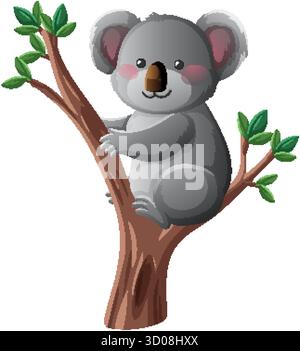 Cartoon koala clings to tree branch, soft shading, bright colors, isolated on white background Stock Vector