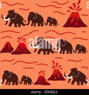 Vector seamless pattern with mammoths, baby mammoths and erupting volcanoes on orange background. Prehistoric style design for textile and decor. Stock Vector