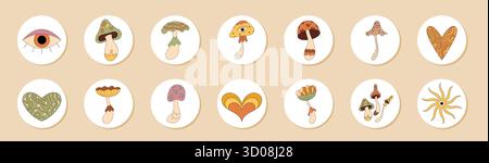 Groovy Retro Psychedelic Mushroom Sticker Set Stock Vector