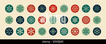 Round Christmas Snowflake Sticker Label Set Stock Vector
