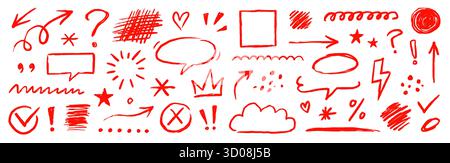 Red color pencil line elements set. Hand drawn red color crayon pencil, texture brush stroke arrow, highlight, check mark doodles. Marker arrow, chalk sketch square, emphasis. Vector illustration Stock Vector