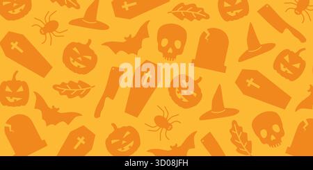 orange Halloween banner with bat, pumpkin, knife, grave, leaf, spider, wich hat, skull and coffin icons - vector illustration Stock Vector