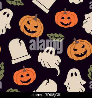 seamless Halloween pattern with Jack o lantern pumpkins, ghosts and grave; perfect for wrapping, greeting cards, decorations, and digital backgrounds Stock Vector