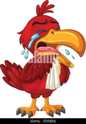 Vector illustration of a red bird crying with tears, expressive face, and white handkerchief Stock Vector