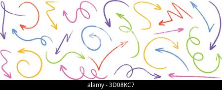 Color crayon arrow set with hand drawn curved and straight directional pointers for creative presentation design. Stock Vector