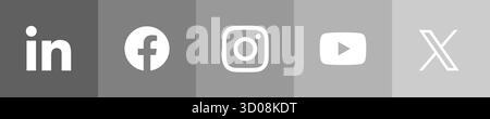 Social media app icon set. LinkedIn, Facebook, Instagram, Youtube and X, former Twitter. Follow us bar. Flat square buttons with vector icons in grey shades. Stock Vector