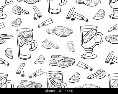 Christmas drink seamless pattern with mulled wine drink, citrus slices and cinnamon. Seasonal winter treats in glass glasses and mugs., hand drawn doo Stock Vector