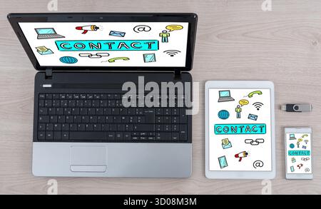 Contact concept shown on different information technology devices Stock Photo