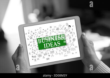 Business ideas concept shown on a tablet held by a woman Stock Photo