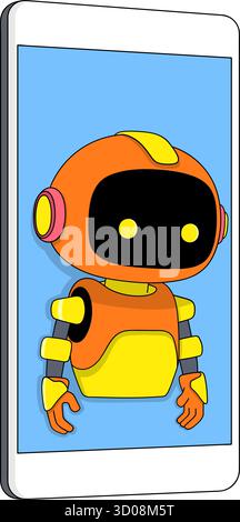 Colorful vector illustration of a cute orange and yellow robot character displayed inside a smartphone screen on a blue background Stock Vector