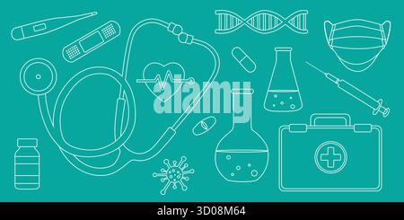 A clean and modern outline design illustration showing essential medical and healthcare icons. Perfect for hospital infographics, background, and medi Stock Vector