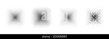 Halftone gradient squares set. Abstract dotted square shape. Rectangular fading patterns, retro comic textured quadrate silhouette, minimal monochrome stippling geometric point graphic shading effect Stock Vector