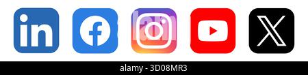 Social media app icon set. LinkedIn, Facebook, Instagram, Youtube and X, former Twitter. Square vector icons with rounded corners. Stock Vector