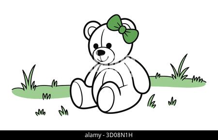 Cute Teddy Bear Sitting on Grass with Green Bow Illustration Stock Vector