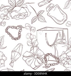 Feminine Pattern Black White Vector Seamless with flowers. Shopping paper bags, gift boxes with bows and perfume bottles in line art. Womens gifts on Stock Vector