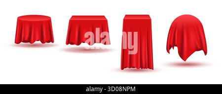 Red silk curtain cloth surprise fabric card cotton. Tablecloth reveal cover object vector Stock Vector