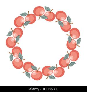 Round frame with orange tangerines and green leaves in harvest style. Vector isolated illustration on white background.  Stock Vector