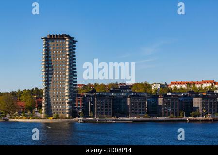 skyscraper high rise tower block on waterfront at Stockholm, Sweden in May Stock Photo