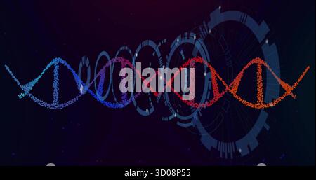 Floating DNA double helix streaming as data points in sci-fi space, with HUD circles, light specks Stock Photo