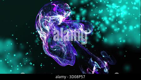 Glowing neon particles forming jellyfish-like structure in simulated void, with teal bokeh points Stock Photo