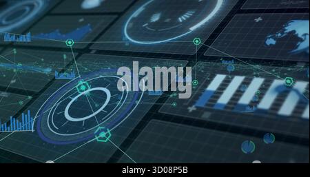 Displaying interface featuring rotating concentric chart over grid, bar charts and node line graphs Stock Photo